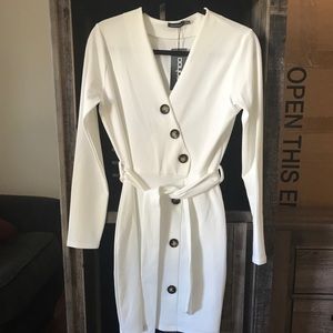 Mock Horn Button Detail Belted Shift Dress